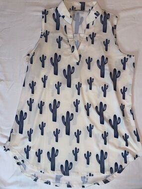 Sleeveless White V-Neck Blouse with Navy Cactus Print